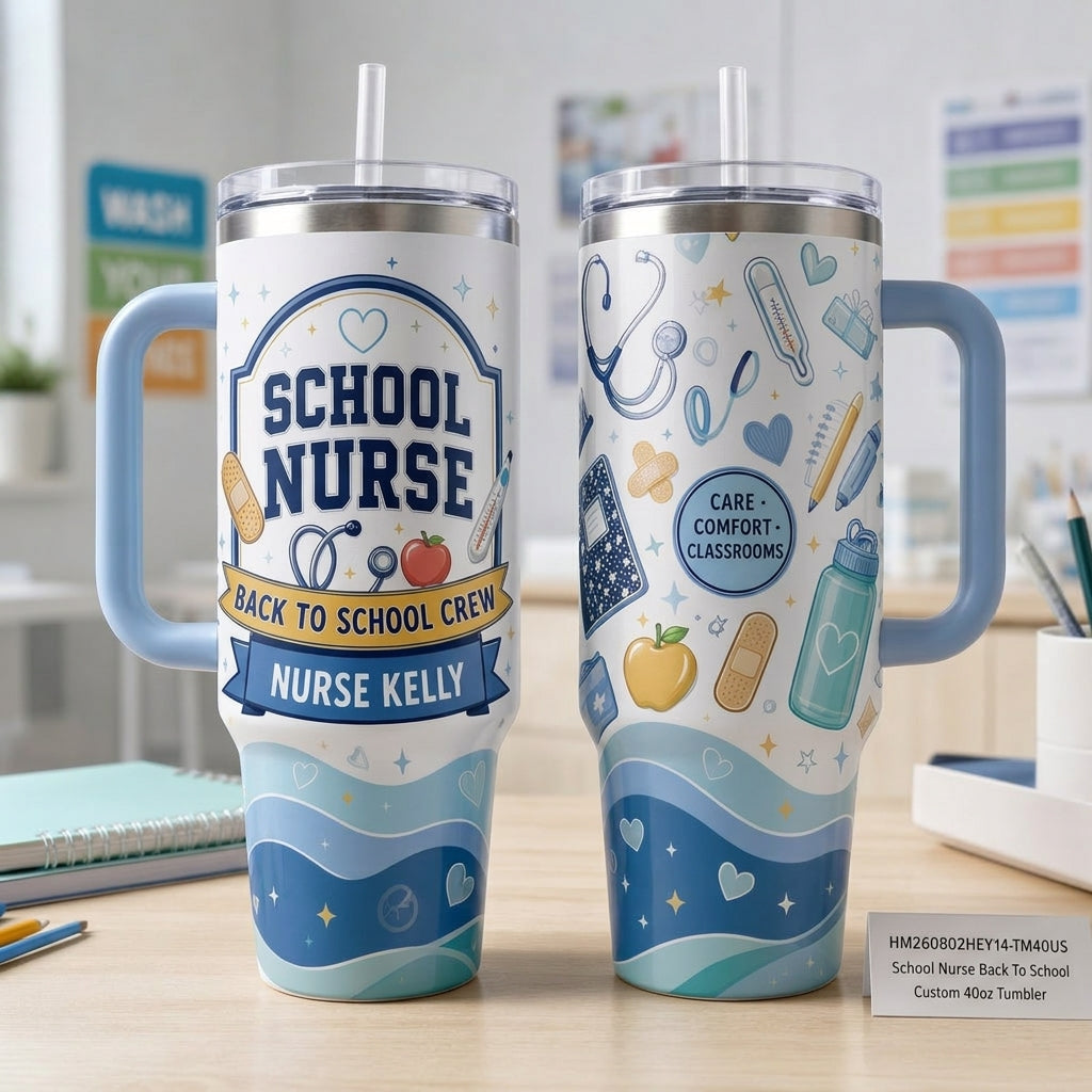 Personalized School Nurse 40oz Tumbler with Handle - Custom Name Back To School Crew Gift