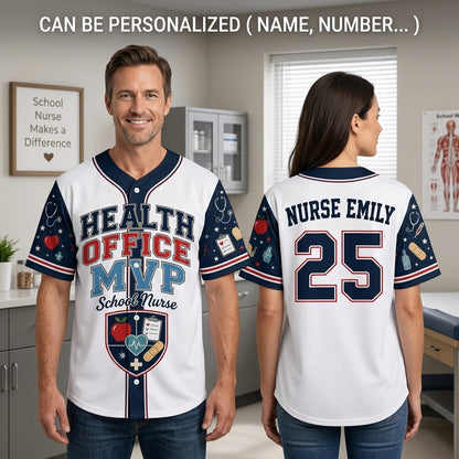 Personalized School Nurse Baseball Jersey - Custom Health Office MVP Shirt - Customizable Name & Number Gift