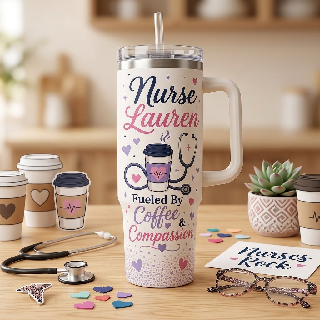 Personalized Nurse Life 40oz Tumbler with Handle, Custom Name Coffee and Compassion Gift for Nursing Students