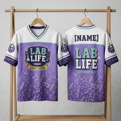 Personalized Science Teacher Lab Life Football Jersey - Custom Name and Room Number Mesh Athletic Shirt
