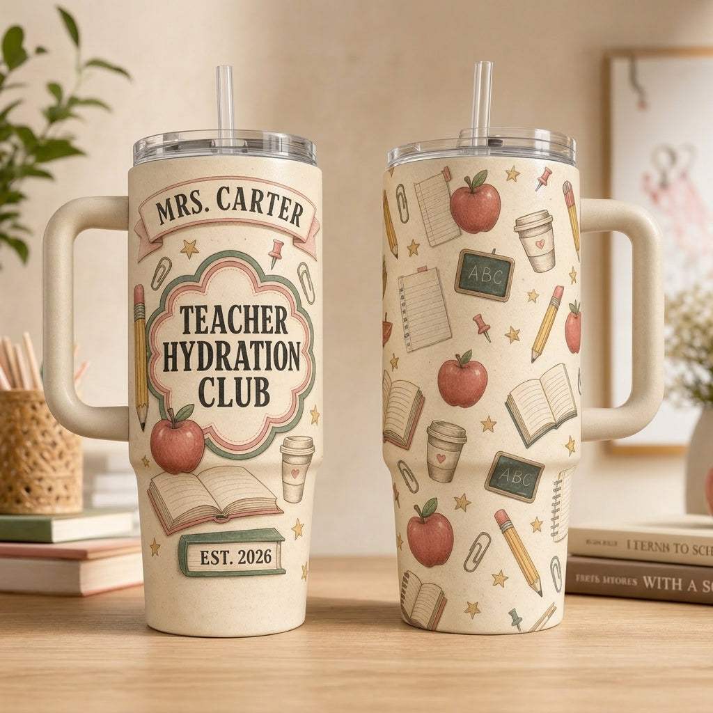 Personalized Teacher Hydration Club 40oz Tumbler with Handle - Custom Name Gift for Teachers & Educators