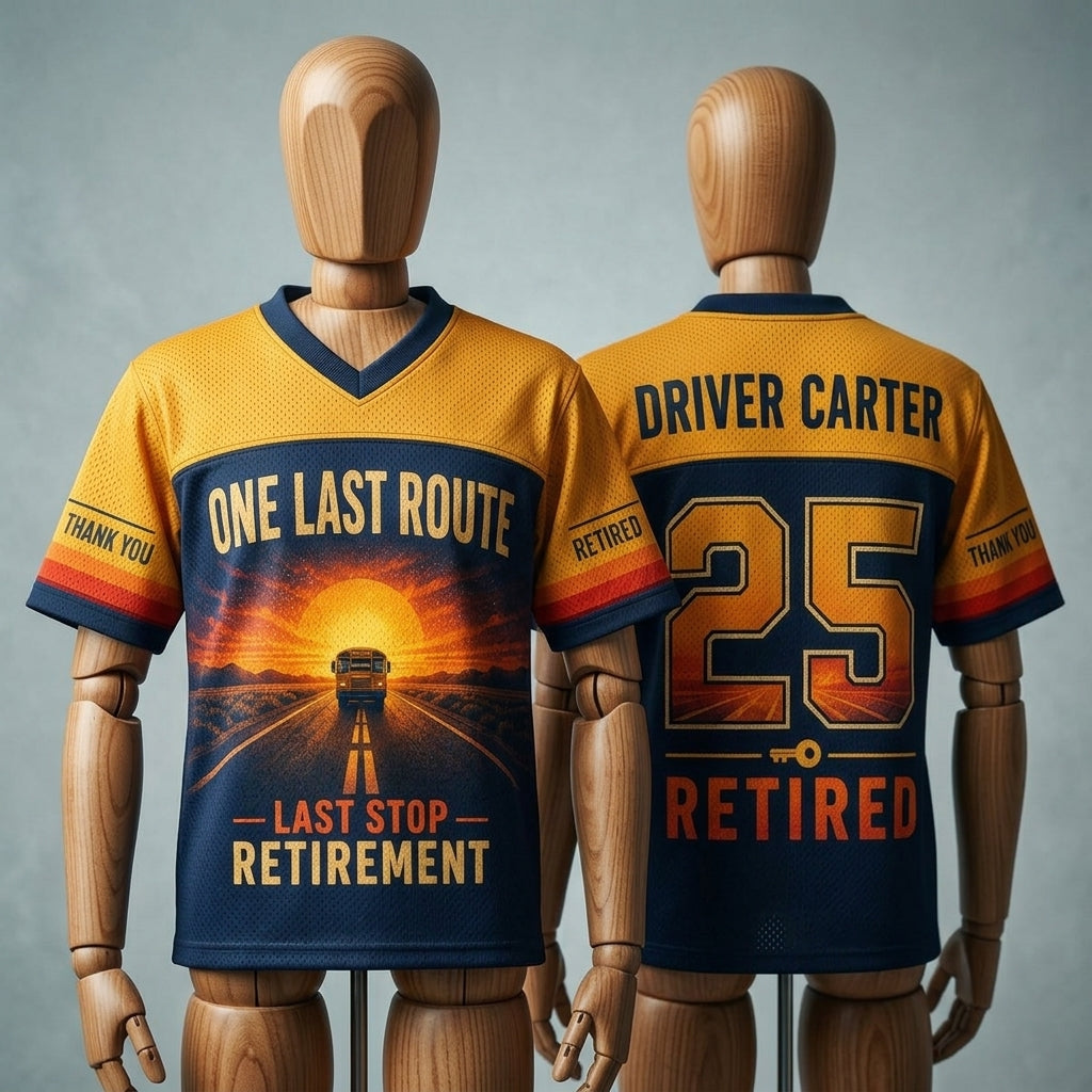 Personalized School Bus Driver Retirement Football Jersey - Custom Name & Number - One Last Route Gift