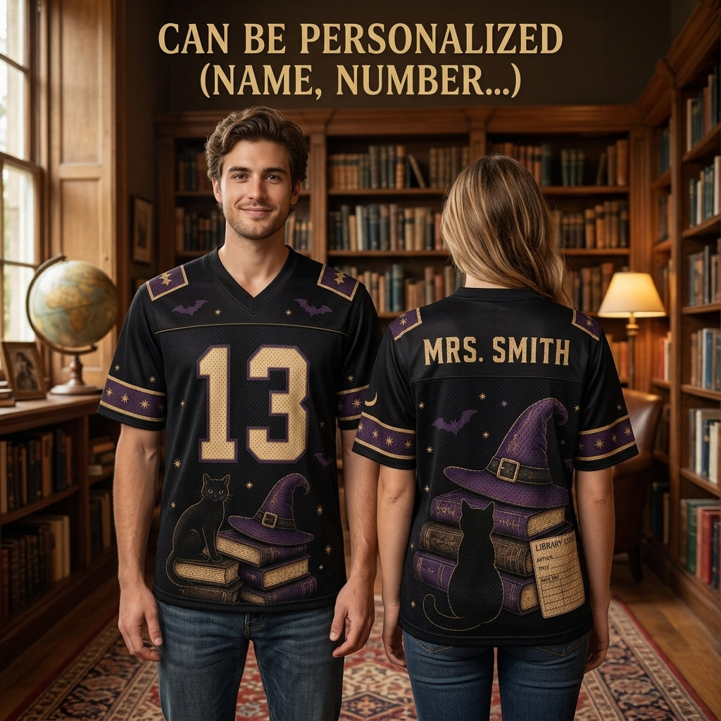 Personalized Witchy Librarian Halloween Football Jersey - Custom Name Spooky Bookworm Apparel