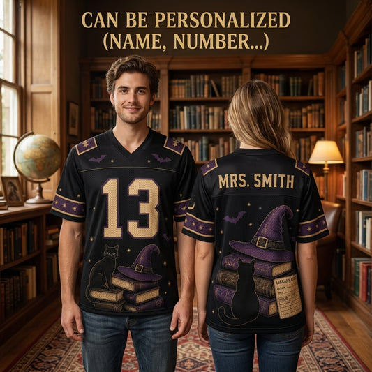 Personalized Witchy Librarian Halloween Football Jersey - Custom Name Spooky Bookworm Apparel
