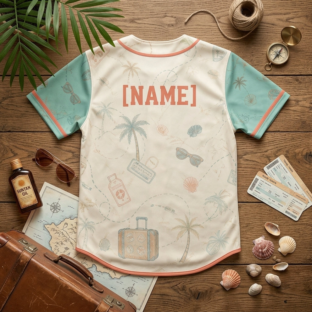 Personalized Vintage Tropical Travel Baseball Jersey - Custom Name Beach Vacation Button Up Shirt