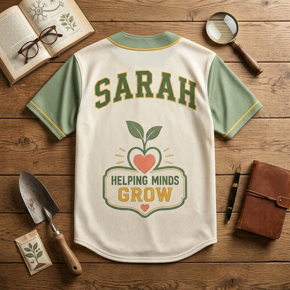 Personalized Helping Minds Grow Teacher Baseball Jersey - Custom Name Classroom Crew Sporty Shirt
