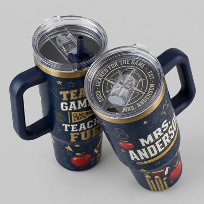 Personalized Teacher Game Day 40oz Tumbler with Handle - Custom Name Football & Classroom Crew Gift
