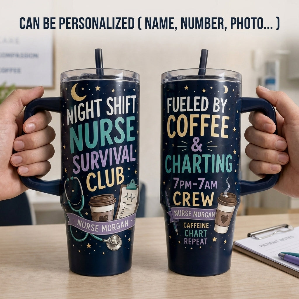 Personalized Night Shift Nurse Survival Club 40oz Tumbler with Handle - Custom Name 7PM-7AM Crew Gift