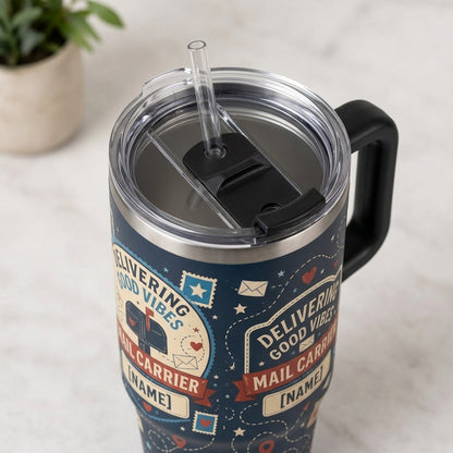 Personalized Mail Carrier 40oz Tumbler with Handle - Delivering Good Vibes Custom Postal Worker Gift - 40oz tumbler mockup 5