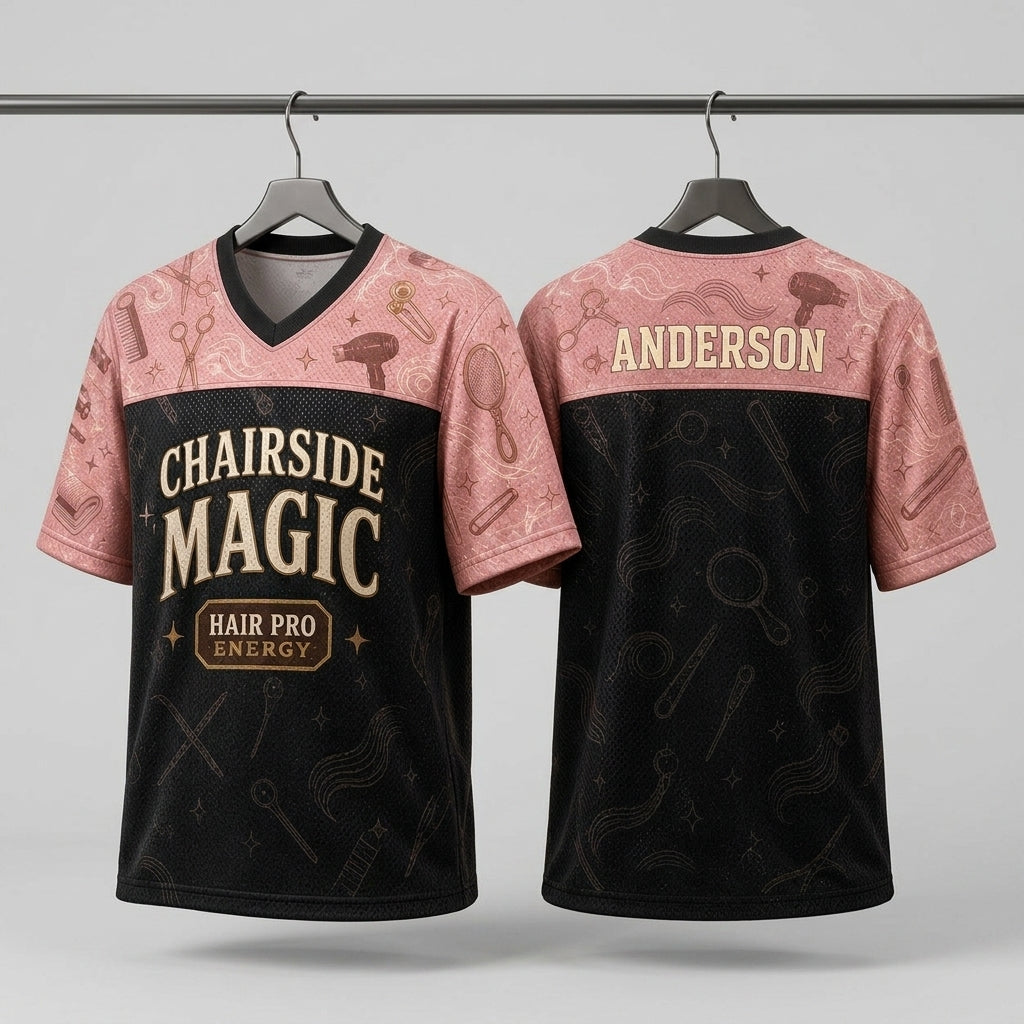 Personalized Hairstylist Football Jersey - Custom Name Salon Team Apparel - Chairside Magic Pink & Black Mesh - football jersey product view 3