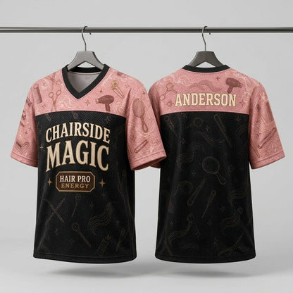 Personalized Hairstylist Football Jersey - Custom Name Salon Team Apparel - Chairside Magic Pink & Black Mesh - football jersey product view 3