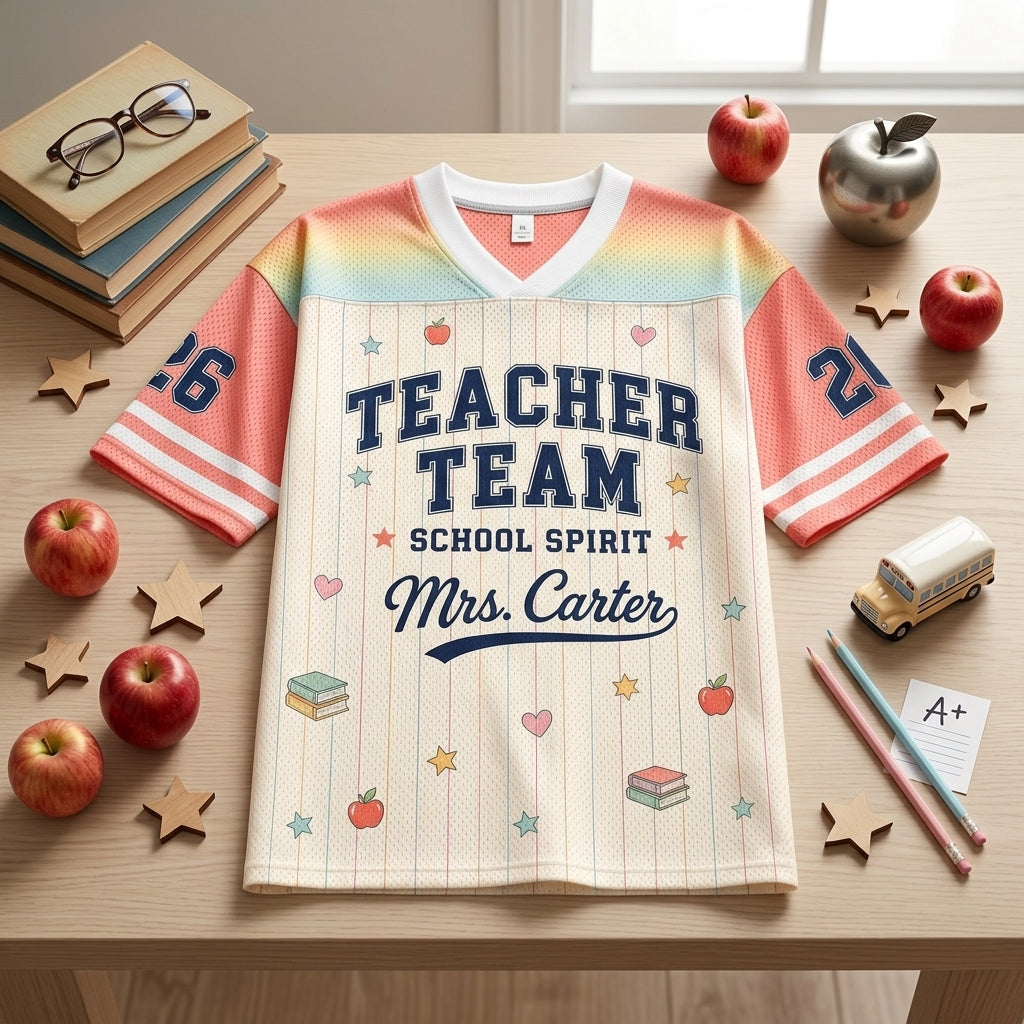 Personalized Teacher Team Football Jersey - Custom Name & Number Back to School Spirit Mesh Shirt
