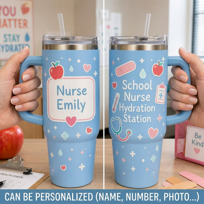 Personalized School Nurse Hydration Station 40oz Tumbler with Handle - Custom Name Blue Nurse Gift