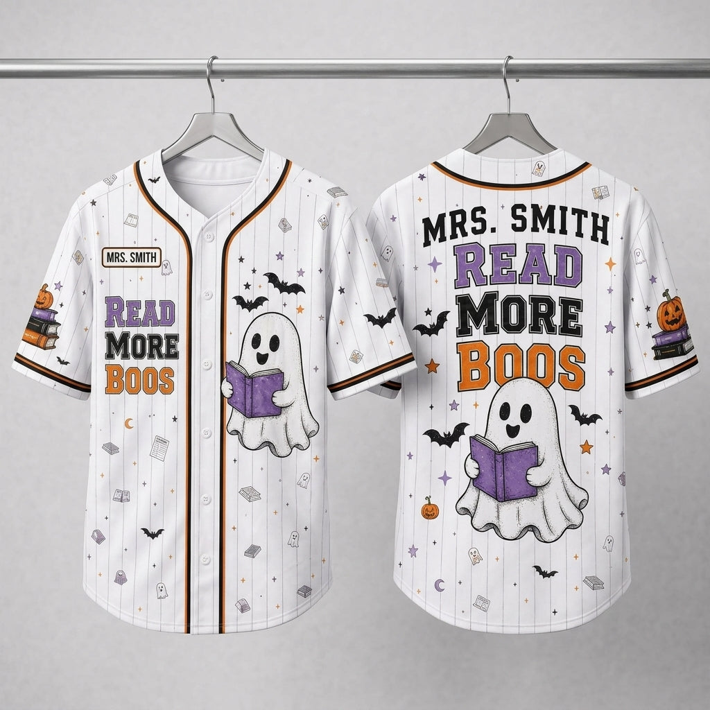 Personalized Read More Boos Halloween Baseball Jersey - Custom Teacher Name Ghost Reading Shirt for Librarians