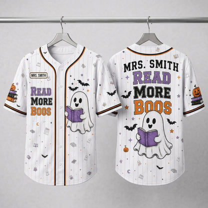 Personalized Read More Boos Halloween Baseball Jersey - Custom Teacher Name Ghost Reading Shirt for Librarians