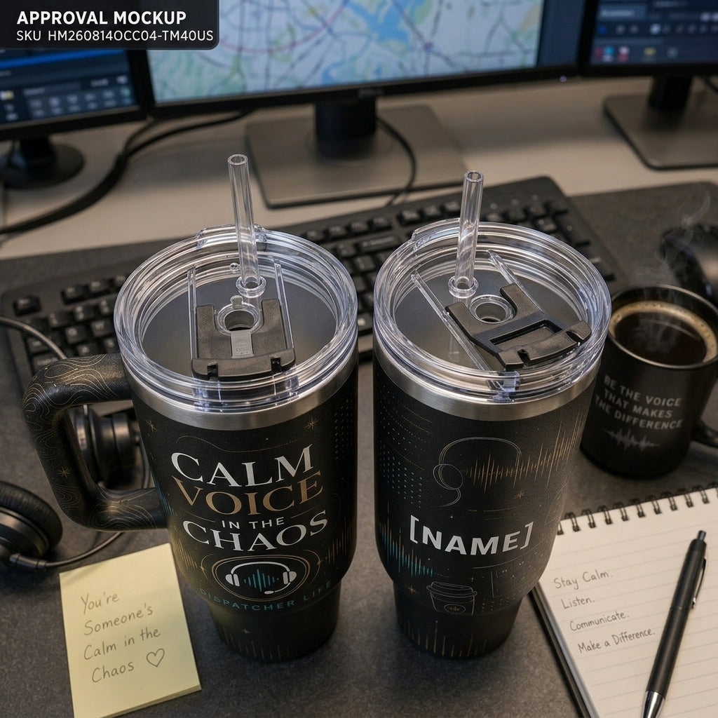 Personalized Calm Voice In The Chaos 40oz Tumbler with Handle - Custom Name Dispatcher Life Gift - 40oz tumbler mockup 5