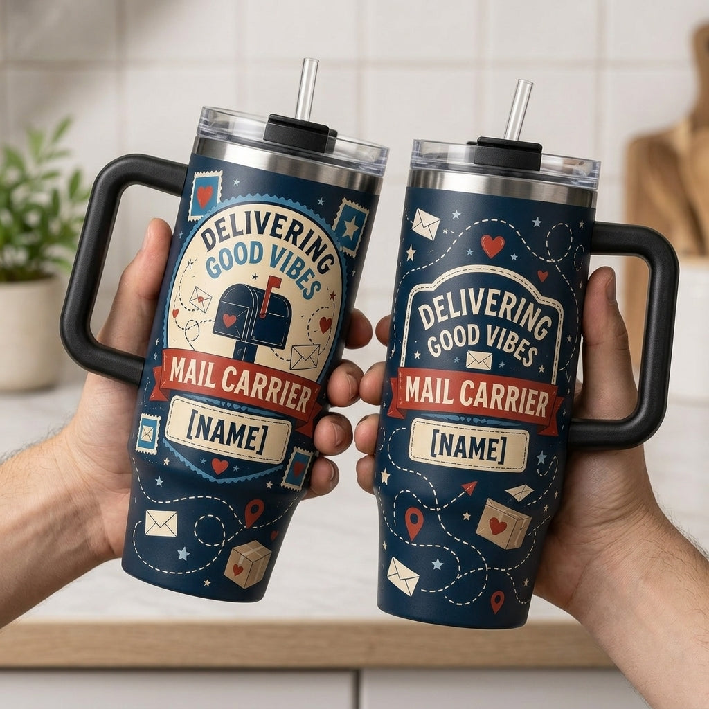 Personalized Mail Carrier 40oz Tumbler with Handle - Delivering Good Vibes Custom Postal Worker Gift - 40oz tumbler mockup 4