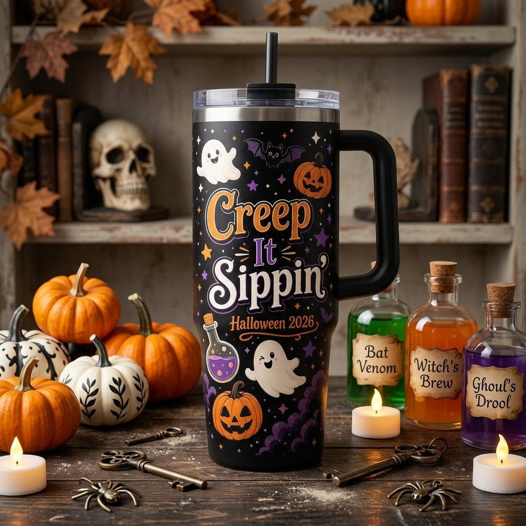 Personalized Halloween 40oz Tumbler with Handle - Custom Name Spooky Hydration Creep It Sippin Travel Mug