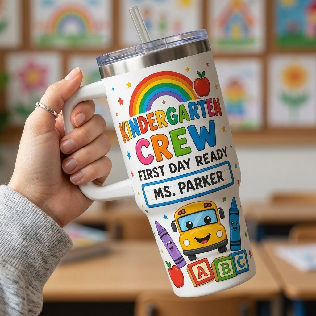 Personalized Kindergarten Crew 40oz Tumbler with Handle - Custom Name Teacher Back to School Gift
