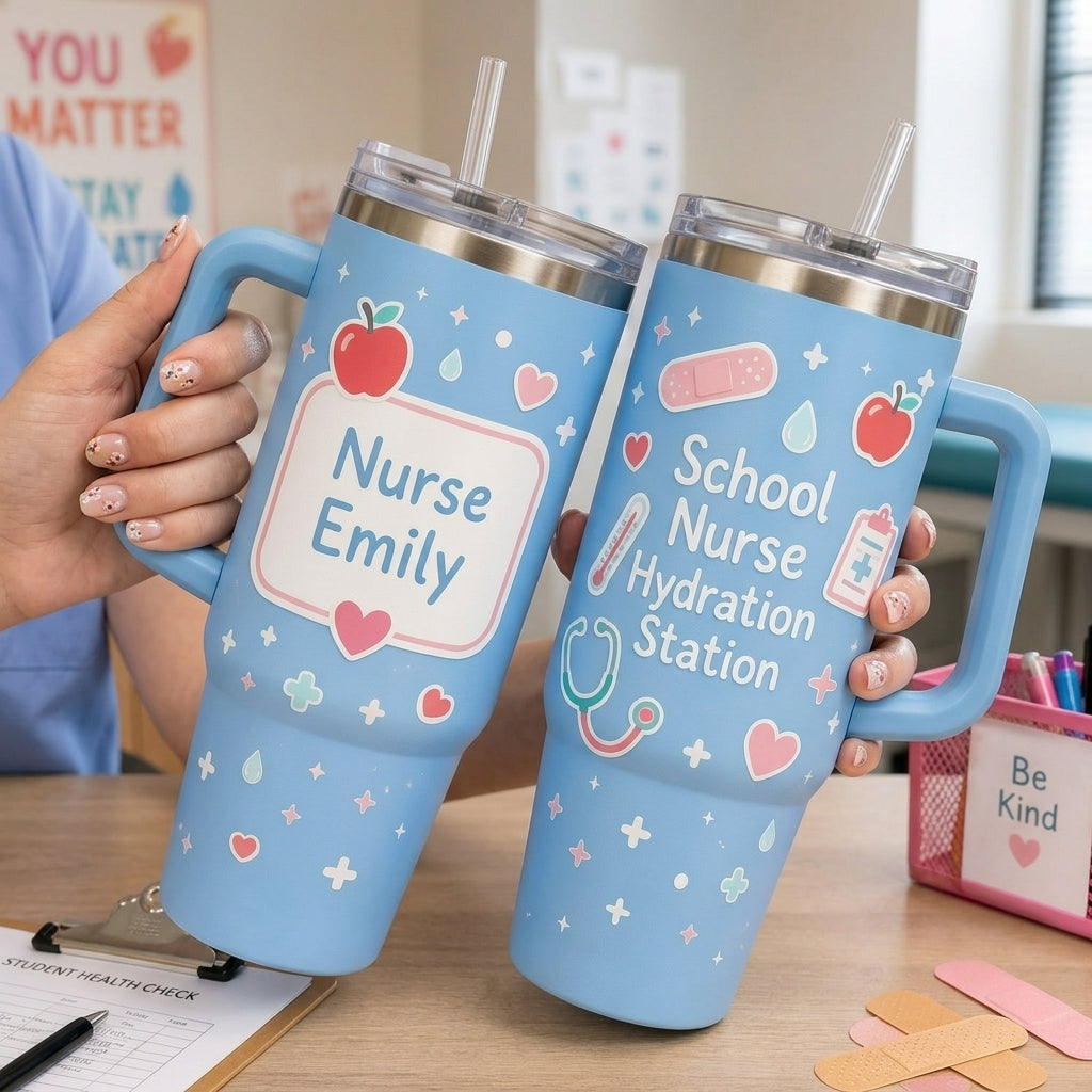 Personalized School Nurse Hydration Station 40oz Tumbler with Handle - Custom Name Blue Nurse Gift