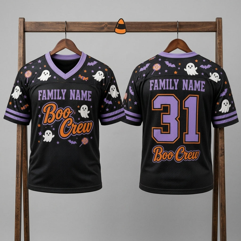 Personalized Boo Crew Halloween Football Jersey - Custom Family Name & Number Spooky Ghost Mesh Jersey