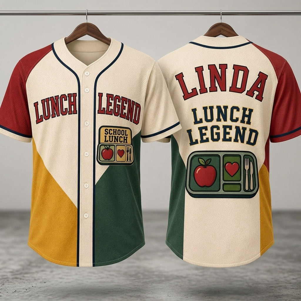 Personalized Lunch Legend Baseball Jersey - Custom Name School Cafeteria Gift for Lunch Ladies - Retro Athletic V-Neck