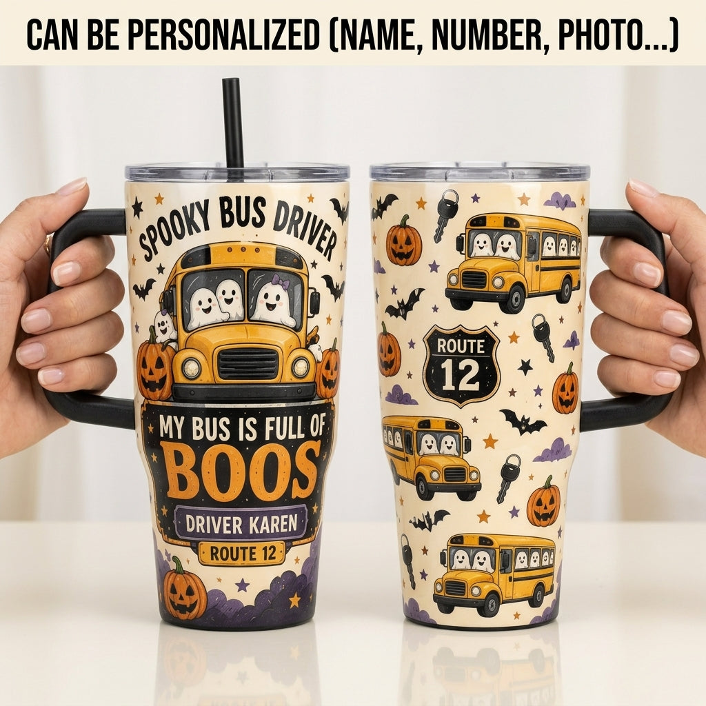 Personalized Spooky Bus Driver 40oz Tumbler with Handle - Custom Name Halloween Gift