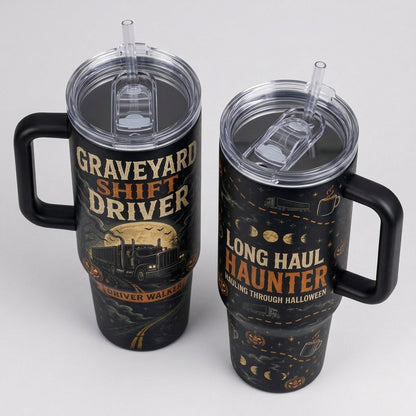 Personalized Graveyard Shift Driver 40oz Tumbler with Handle, Halloween Long Haul Trucker Gift, Custom Name Travel Mug