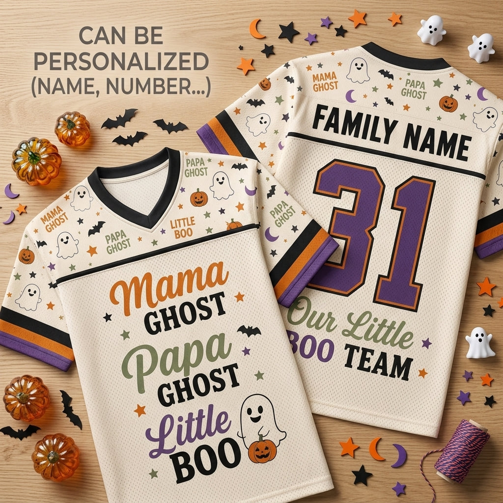 Personalized Family Halloween Football Jersey - Custom Name Ghost Team Jersey for Mama Papa and Little Boo