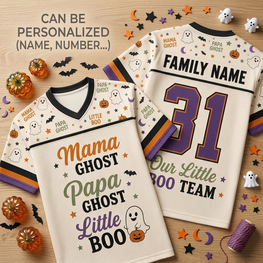Personalized Family Halloween Football Jersey - Custom Name Ghost Team Jersey for Mama Papa and Little Boo