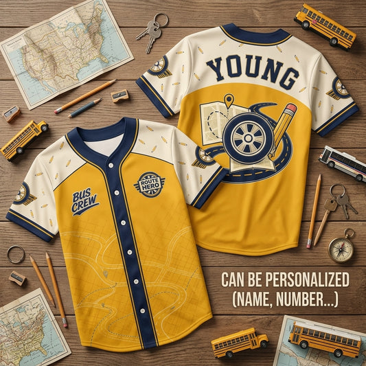 Personalized School Bus Driver Baseball Jersey - Custom Name Bus Crew Route Hero Athletic Shirt