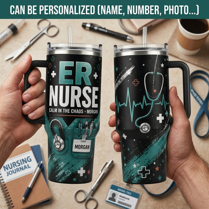 Personalized ER Nurse 40oz Tumbler with Handle - Custom Name Calm In The Chaos Medical Gift