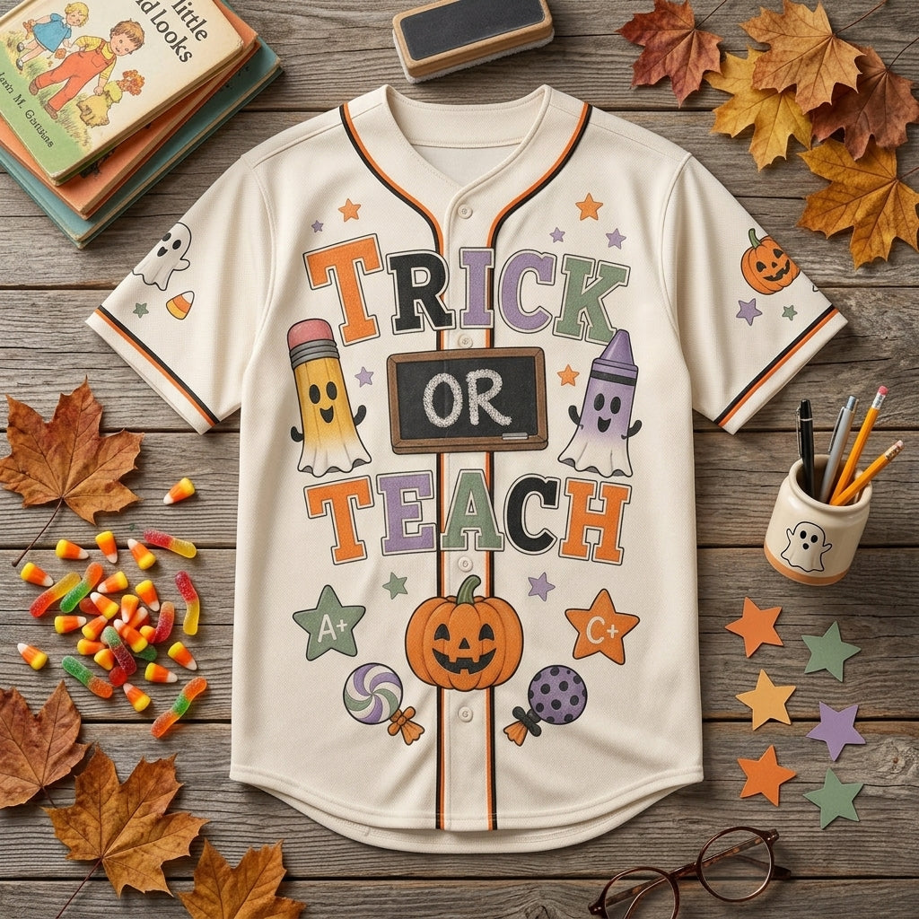 Personalized Trick or Teach Halloween Baseball Jersey - Custom Name Teacher Gift Shirt