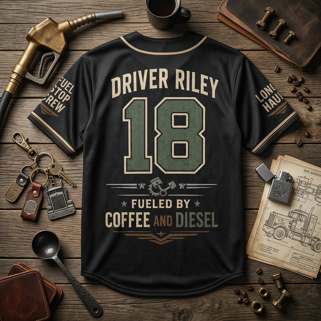 Personalized Coffee & Diesel Open Road Fuel Baseball Jersey - Custom Name and Number Trucker Gift