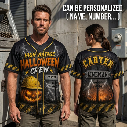 Personalized Lineman High Voltage Halloween Crew Baseball Jersey - Custom Name Electrician Gift