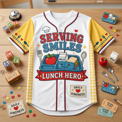 Personalized Lunch Hero Serving Smiles Baseball Jersey - Custom Name School Cafeteria Worker Gift product view 4