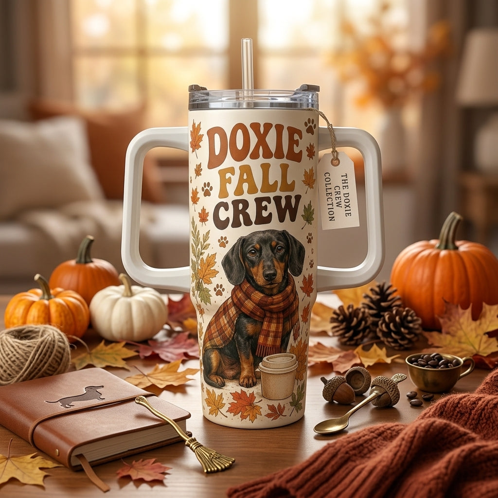 Doxie Fall Crew 40oz Tumbler with Handle, Pumpkin Spice Dachshund Autumn Travel Mug, Gift for Dog Lovers