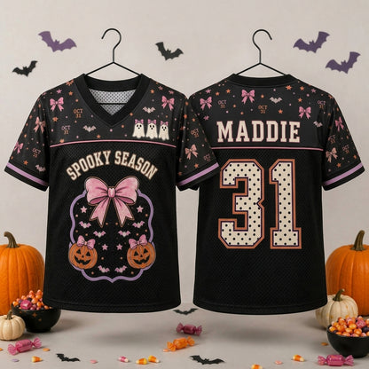 Personalized Spooky Season Halloween Football Jersey - Custom Name & Number Coquette Ghost Pink Bow Mesh Jersey