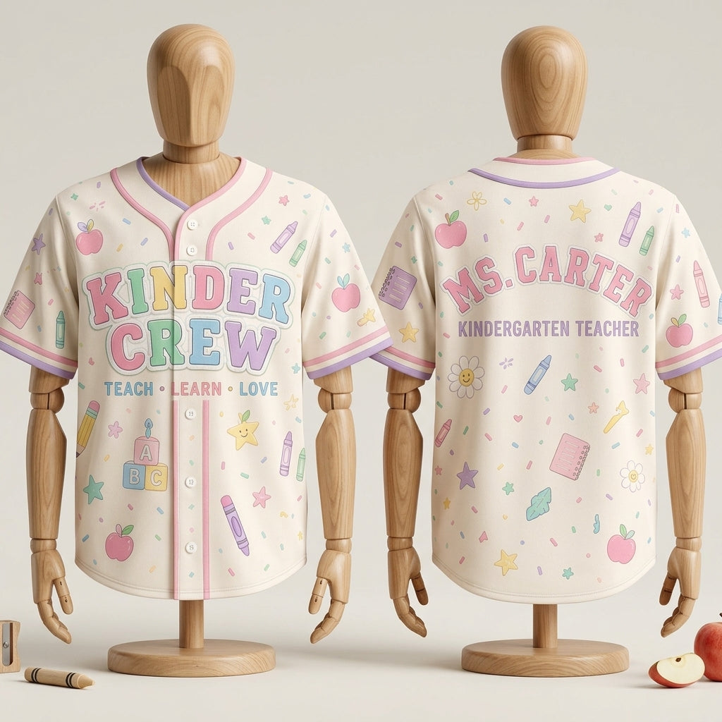 Personalized Kinder Crew Baseball Jersey - Custom Name Kindergarten Teacher Shirt - Pastel Back to School Gift