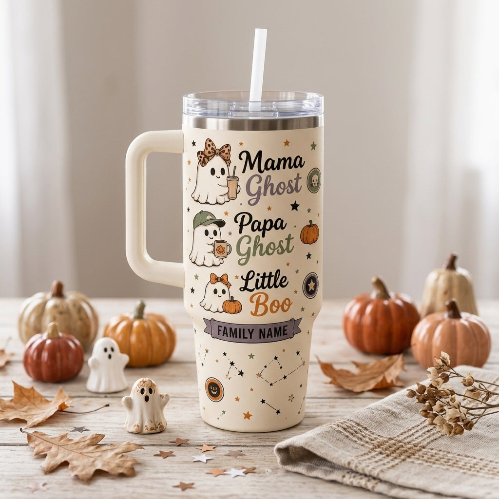 Personalized Family Boo Crew 40oz Tumbler with Handle - Custom Name Halloween Ghost Mama Papa Little Boo Cup