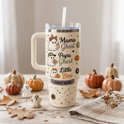Personalized Family Boo Crew 40oz Tumbler with Handle - Custom Name Halloween Ghost Mama Papa Little Boo Cup