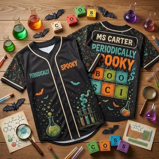 Personalized Periodically Spooky Science Teacher Halloween Baseball Jersey - Custom Chemistry Gift