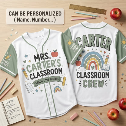 Personalized Teacher Baseball Jersey - Custom Name Classroom Crew Shirt - Sage Green Teacher Appreciation Gift