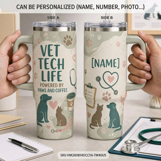 Personalized Vet Tech Life 40oz Tumbler with Handle - Custom Name Gift for Veterinary Technician