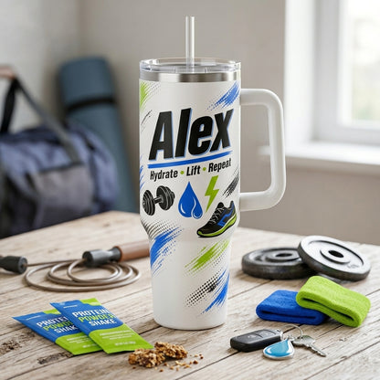 Personalized Fitness Tumbler 40oz with Handle - Custom Name Gym Water Bottle with PR Mode Design