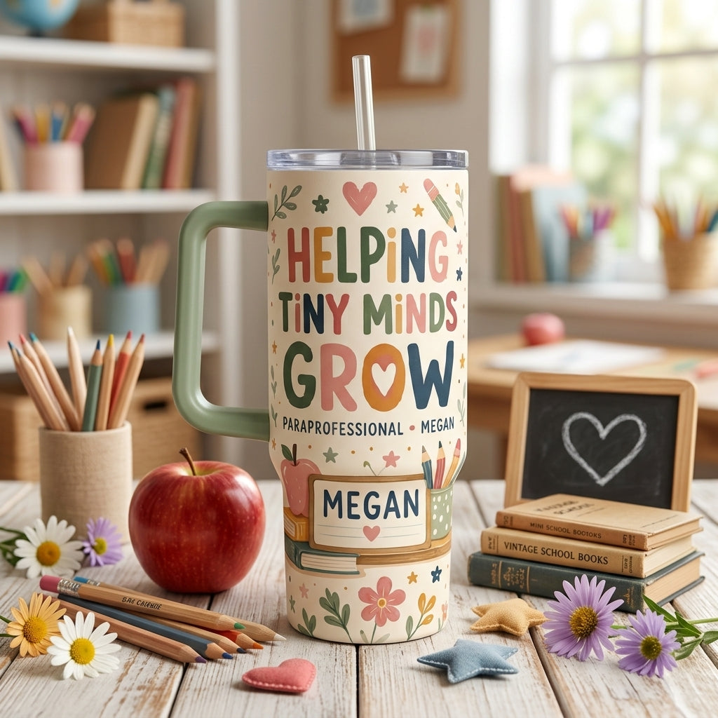 Personalized Paraprofessional 40oz Tumbler - Helping Tiny Minds Grow Custom Teacher Gift with Handle