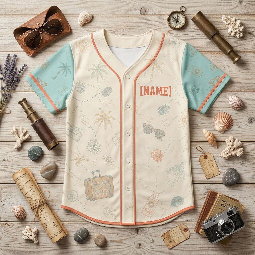 Personalized Vintage Tropical Travel Baseball Jersey - Custom Name Beach Vacation Button Up Shirt