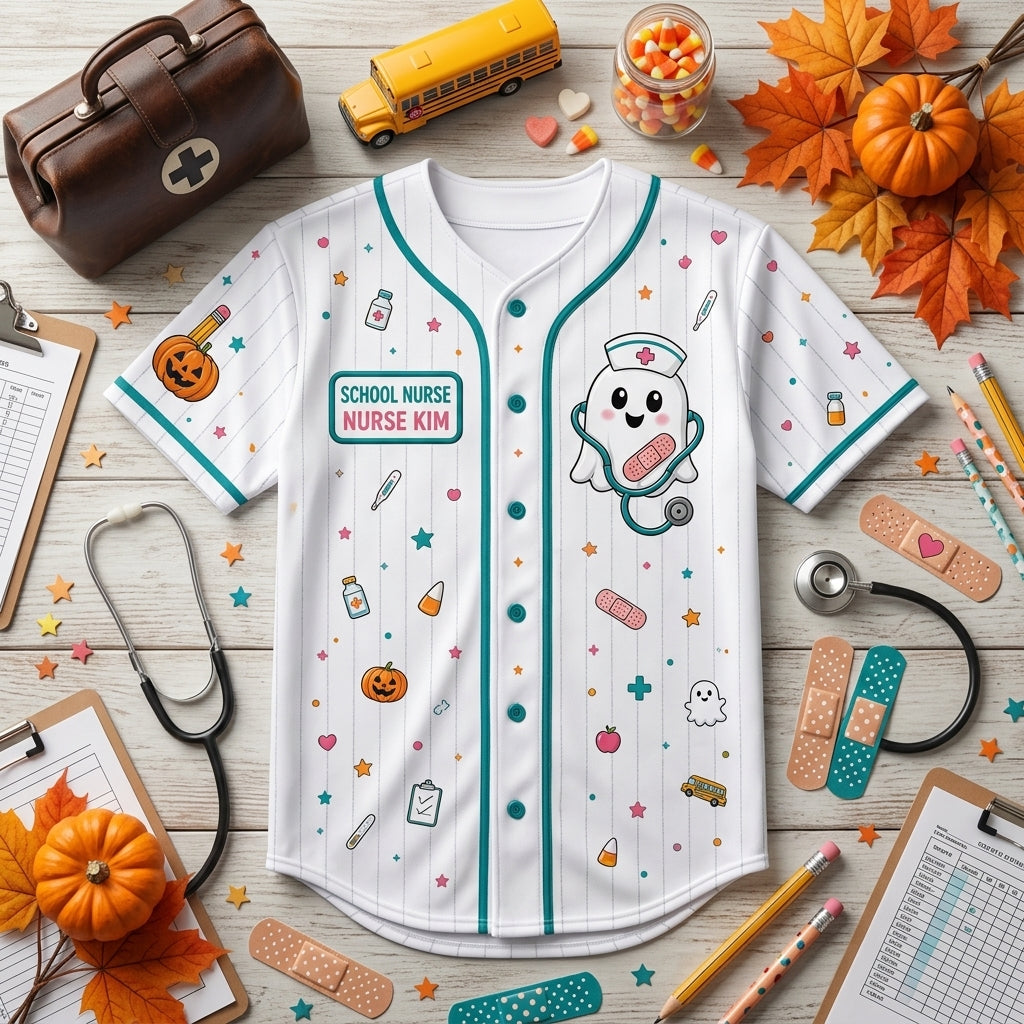 Personalized Boo Boo Crew School Nurse Baseball Jersey - Custom Name Ghost Halloween Jersey Gift