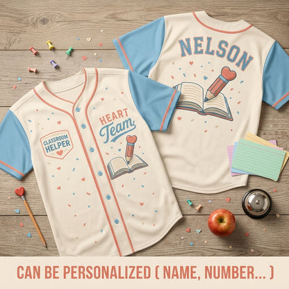 Personalized Classroom Helper Baseball Jersey - Custom Name Heart Team Teacher Gift