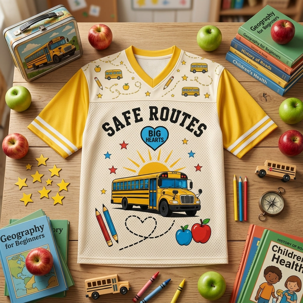 Personalized School Bus Driver Football Jersey - Custom Name & Number Mesh Shirt - Safe Routes Big Hearts